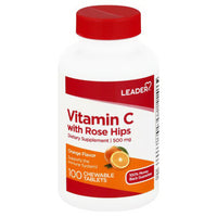 Leader Vitamin C with Rose Hips Dietary Supplement 500 Mg Chewable Tablets, Orange Flavor, 100 Ea