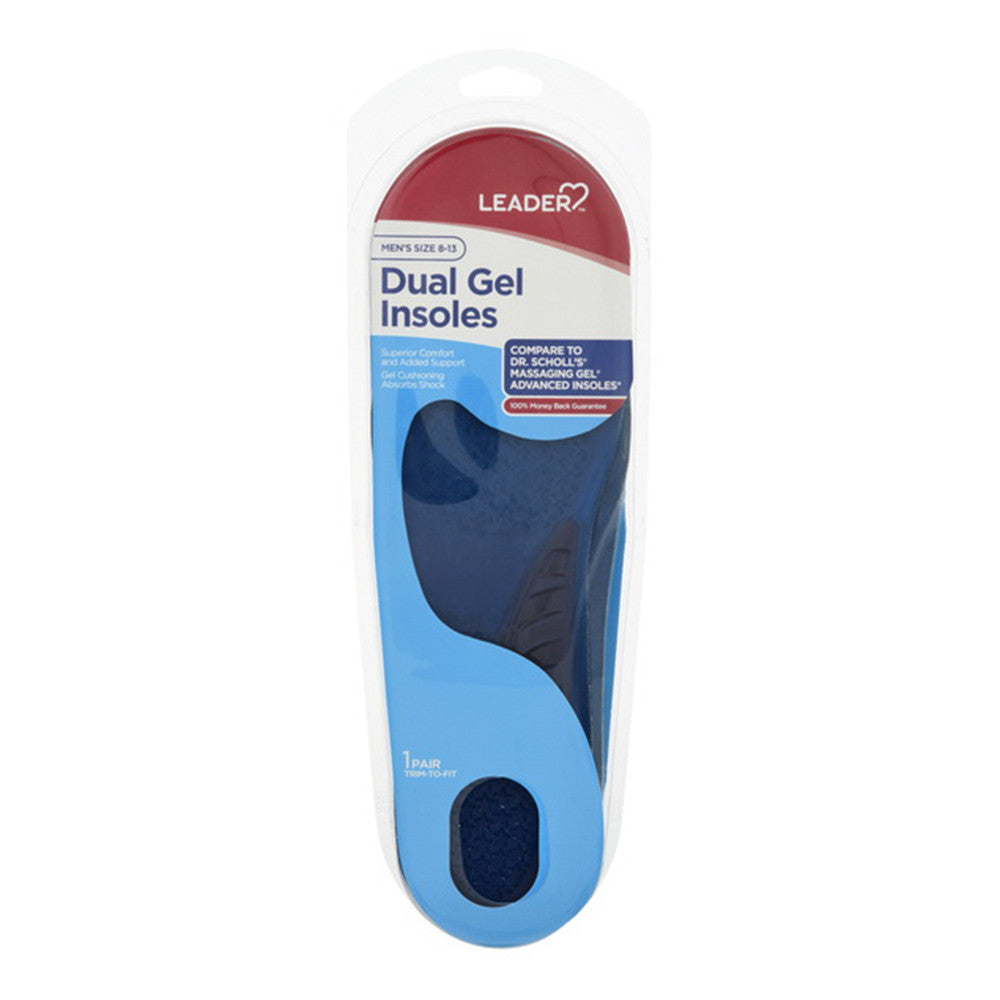 Leader Dual Gel Insoles, Mens Size 8 To 13, 1 Ea