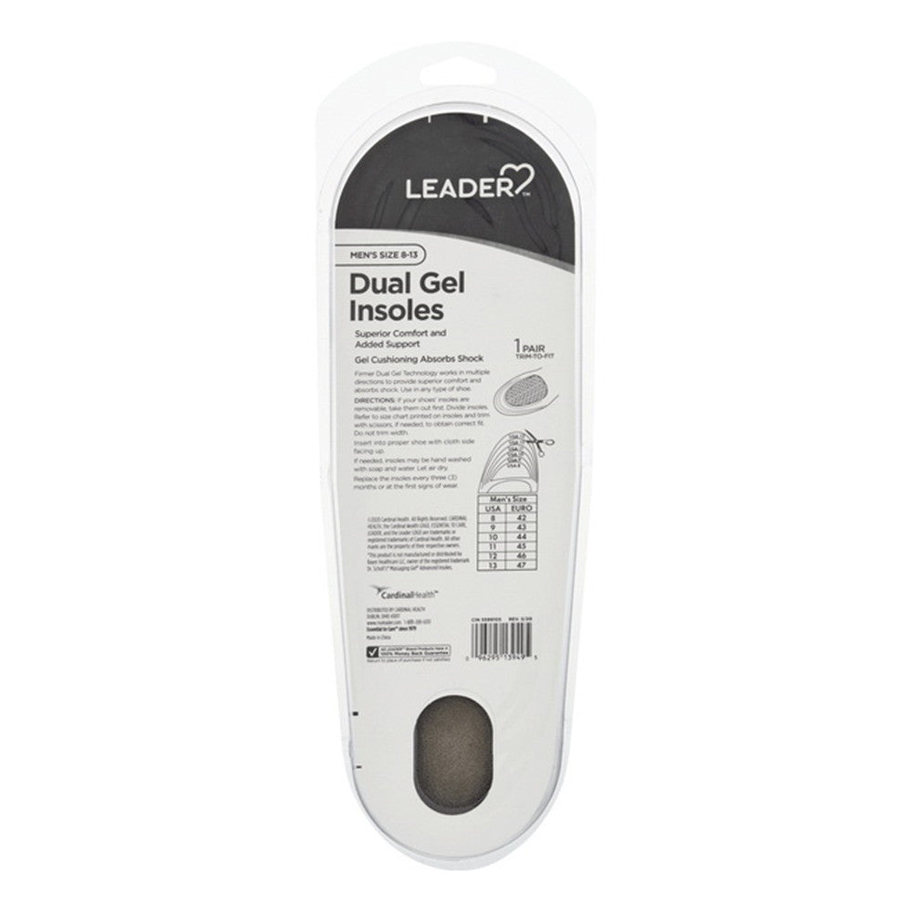 Leader Dual Gel Insoles, Mens Size 8 To 13, 1 Ea