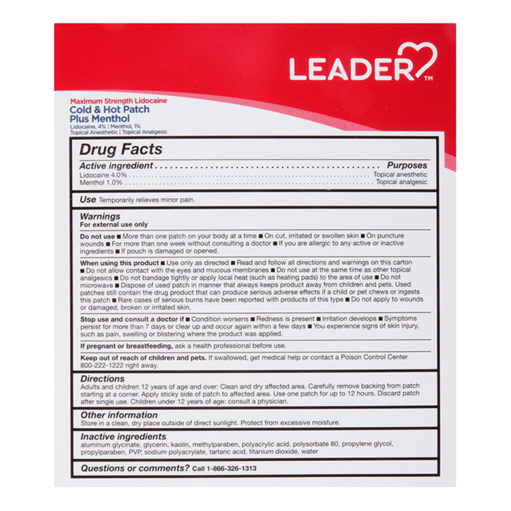 Leader Cold And Hot Patch Plus Menthol, Maximum Strength, 5 Ea