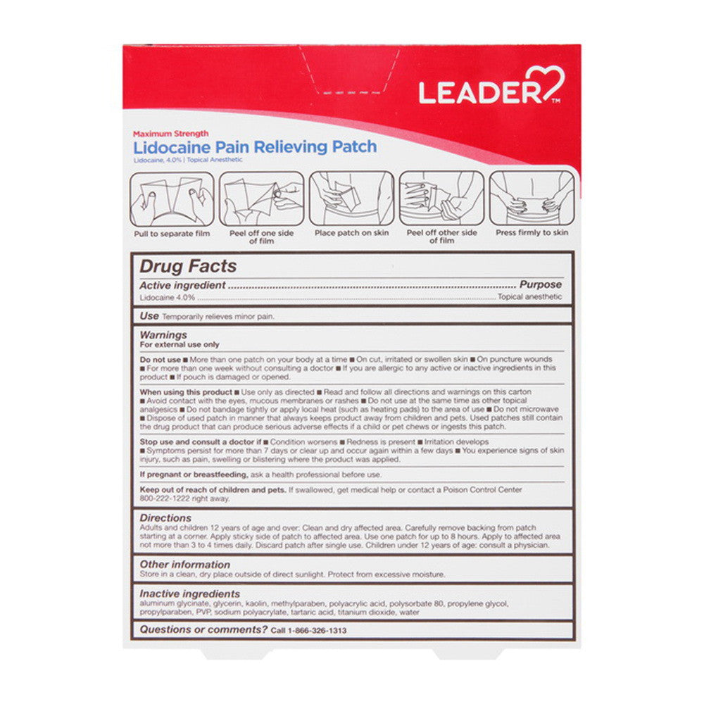 Leader Lidocaine Pain Relieving Patches, Maximum Strength, 6 Ea