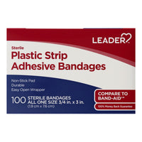 Leader Bandages, Adhesive, Plastic Strip, Sterile, 100 Ea