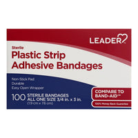 Leader Bandages, Adhesive, Plastic Strip, Sterile, 100 Ea