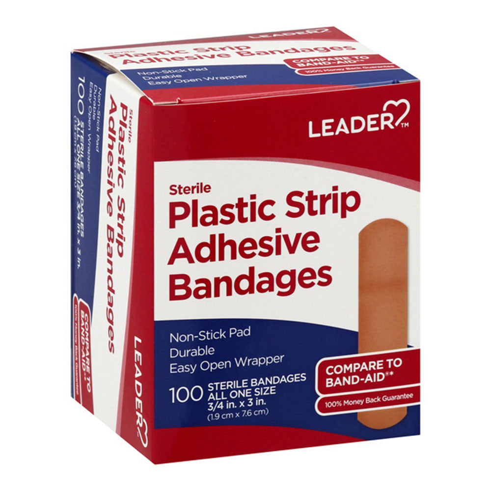 Leader Bandages, Adhesive, Plastic Strip, Sterile, 100 Ea