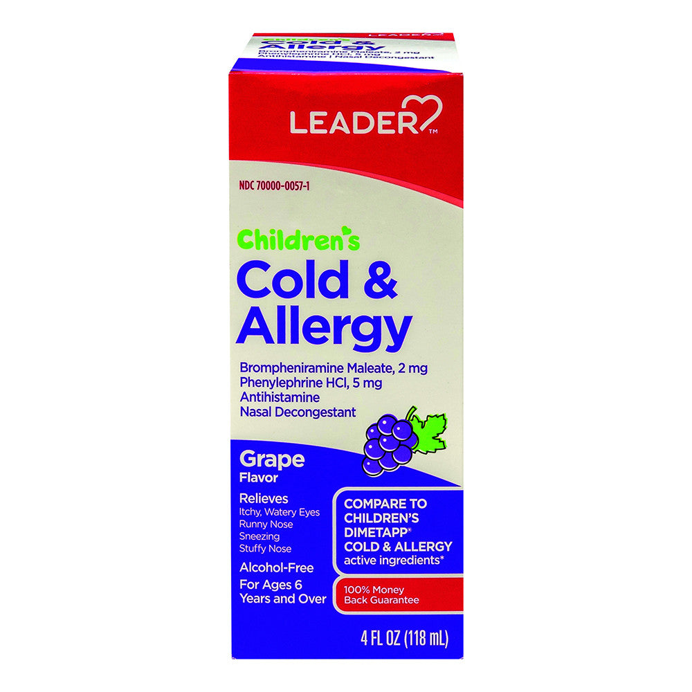 Leader Childrens Cold And Allergy Liquid, Grape Flavor, 4 Oz