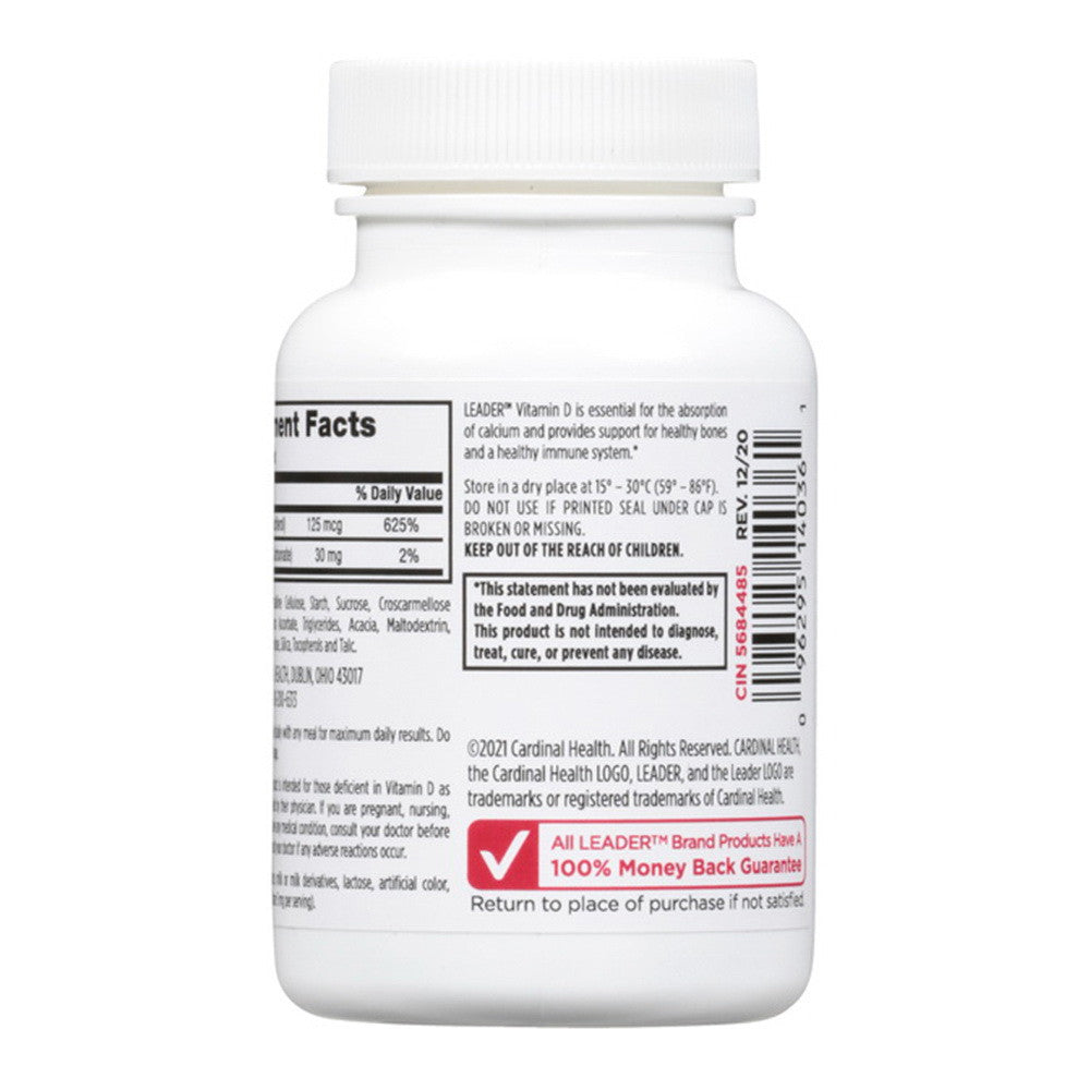 Leader Vitamin D3, Dietary Supplement, 125 Mcg Tablets, 100 Ea