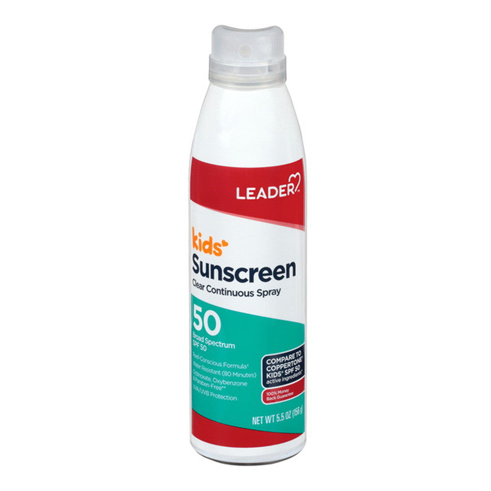 Leader Kids Sunscreen, Clear Continuous Spray, Broad Spectrum Spf 50, 5.5 Oz