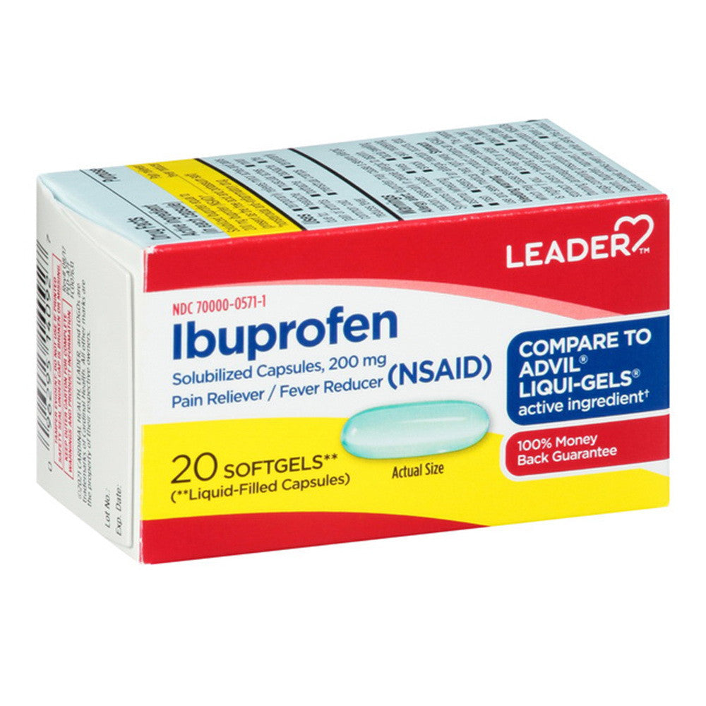Leader Ibuprofen Solubilized Capsules, 200 Mg Softgels, 20 Ea
