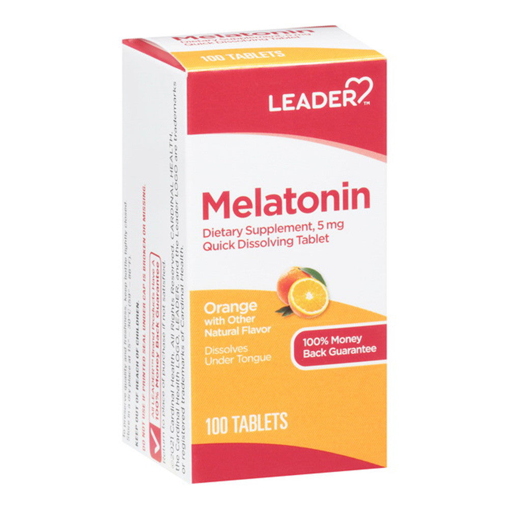 Leader Melatonin, Dietary Supplement, 5 Mg Tablets, Orange With Other Natural Flavor, 100 Ea