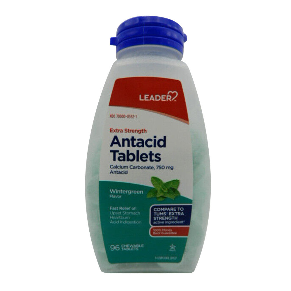 Leader Antacid Calcium Carbonate 750Mg, Wintergreen Flavor, Chewables Tablets, 96 Ea