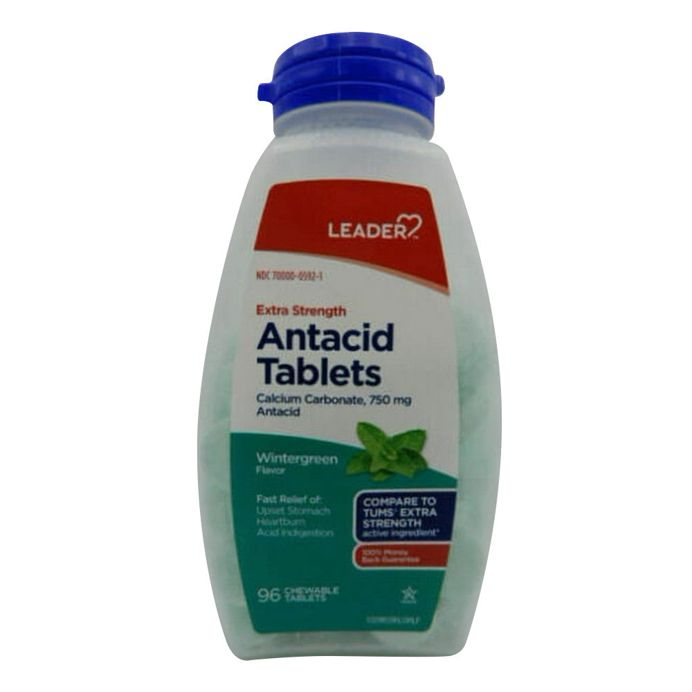 Leader Antacid Calcium Carbonate 750Mg, Wintergreen Flavor, Chewables Tablets, 96 Ea