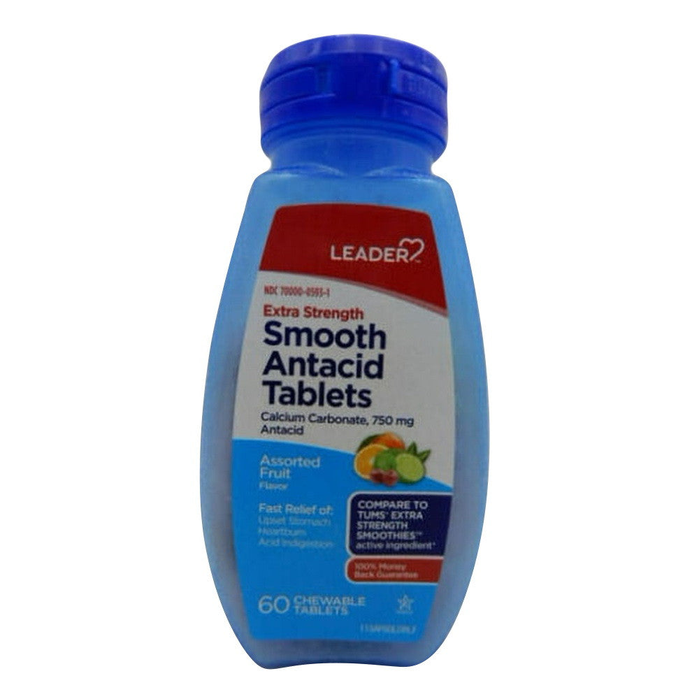 Leader Smooth Antacid Calcium Carbonate 750Mg, Fruit Chewable Tablets, 60 Ea