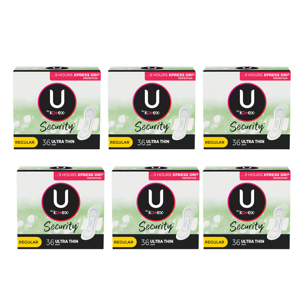 U By Kotex Security Ultra Thin Pads With Wings, Regular Pack Of 6, 36 Ea