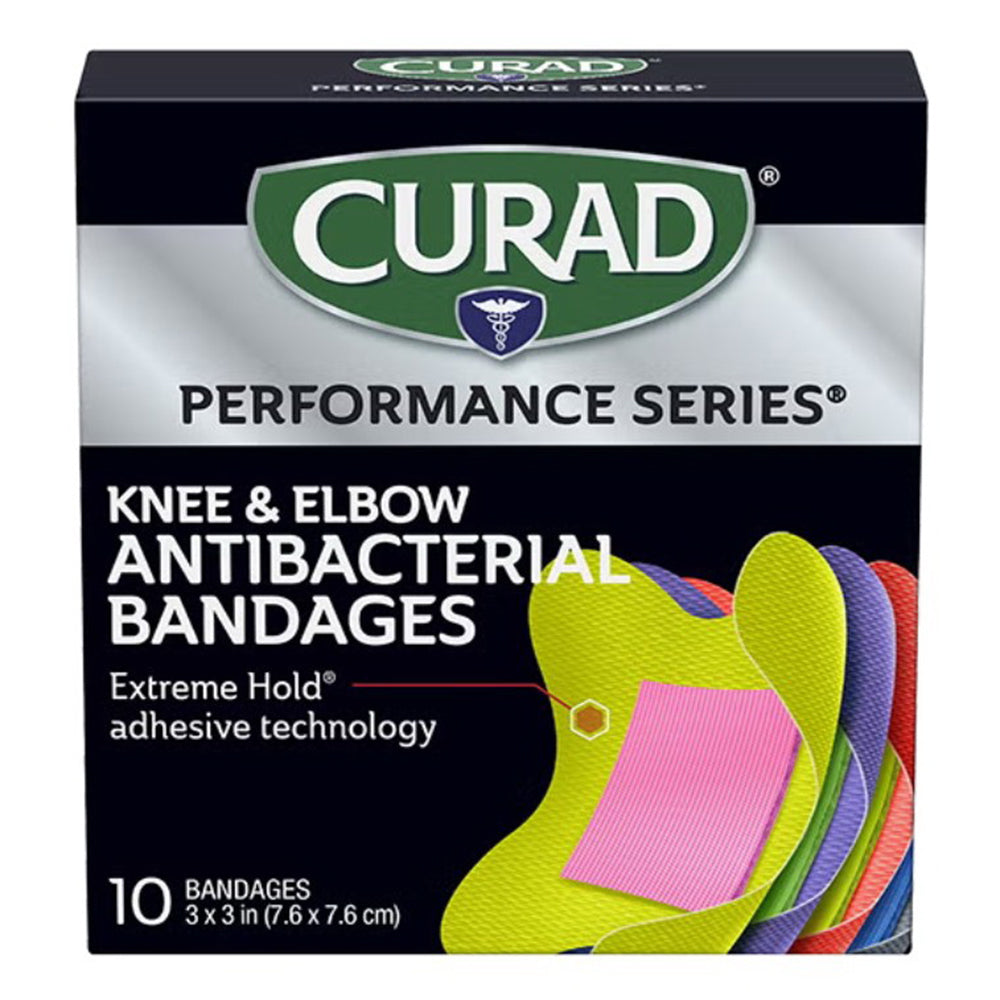 Curad Performance Series Extreme Hold Antibacterial Knee and Elbow Bandages for Infection Control 10Ea