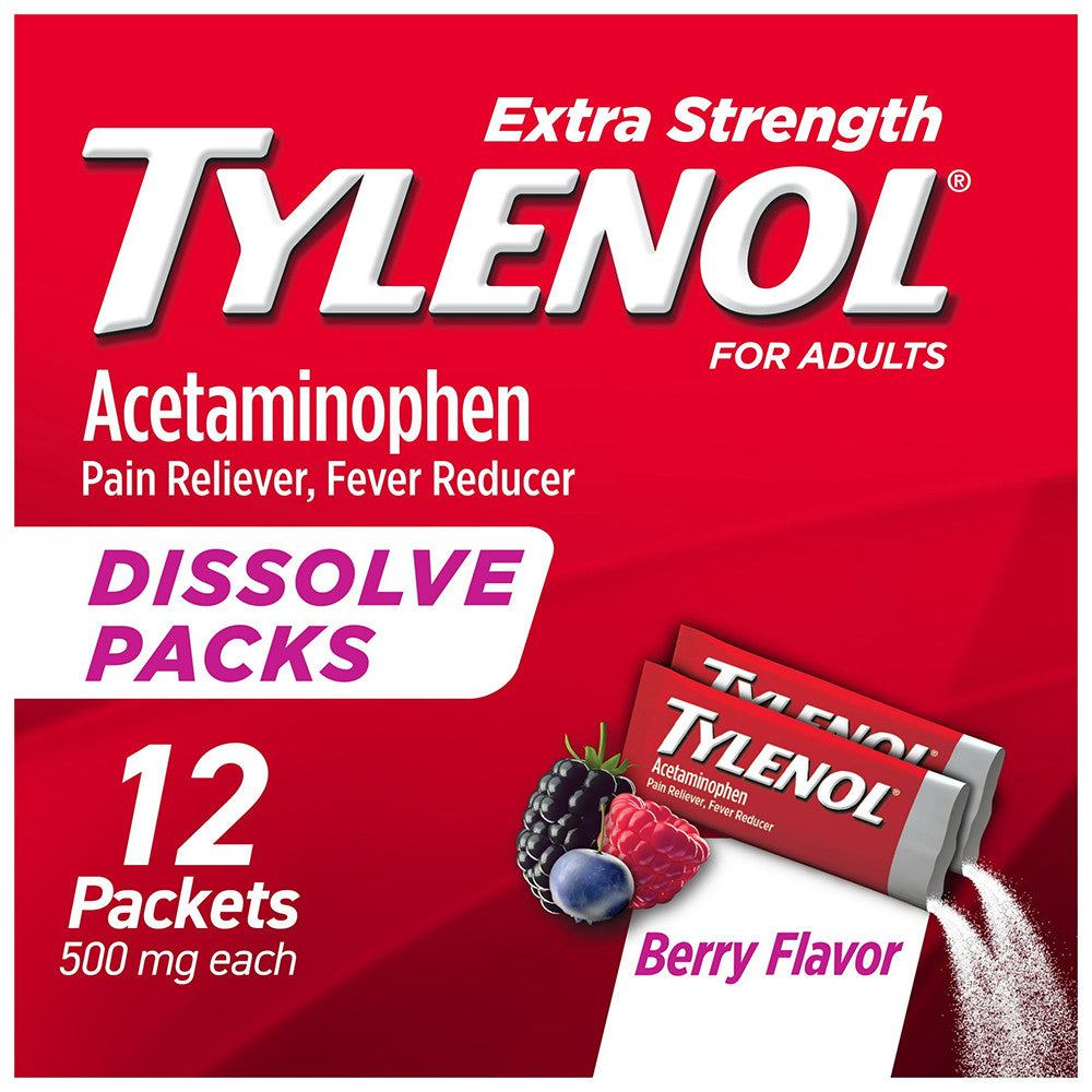 Tylenol Extra Strength Pain Reliever Caplets with Acetaminophen, Berry Flavor, 12 Ea