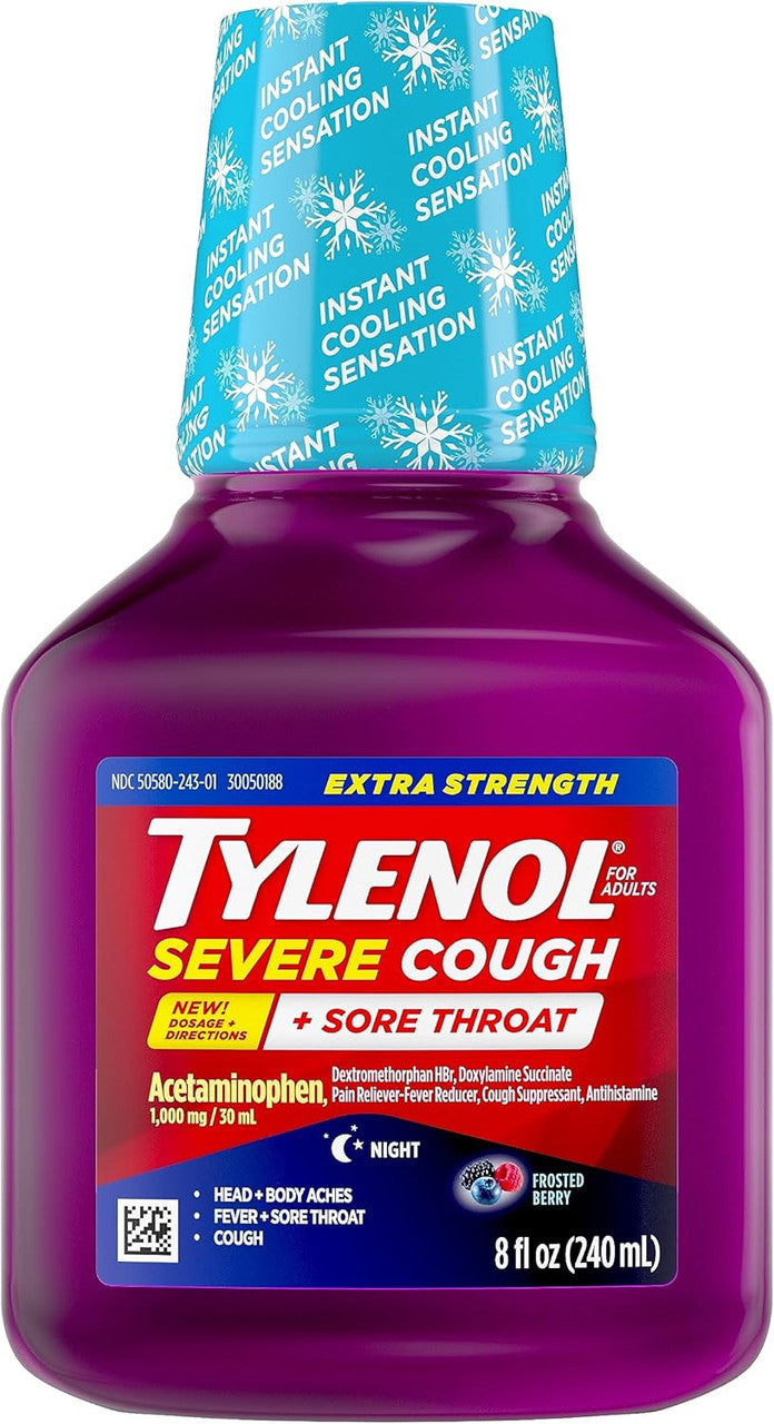Tylenol Extra Strength Severe Cough and Sore Throat Nighttime Liquid,  8 Oz
