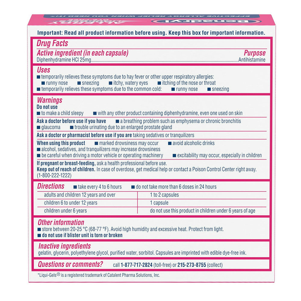 Benadryl Liqui-Gels Antihistamine Diphenhydramine Allergy Medicine, Dye Free, 25 Mg, 48 Ea