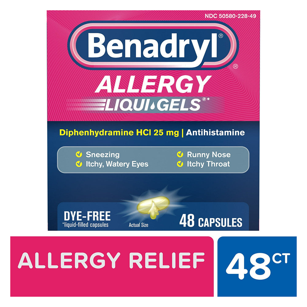 Benadryl Liqui-Gels Antihistamine Diphenhydramine Allergy Medicine, Dye Free, 25 Mg, 48 Ea