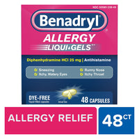 Benadryl Liqui-Gels Antihistamine Diphenhydramine Allergy Medicine, Dye Free, 25 Mg, 48 Ea