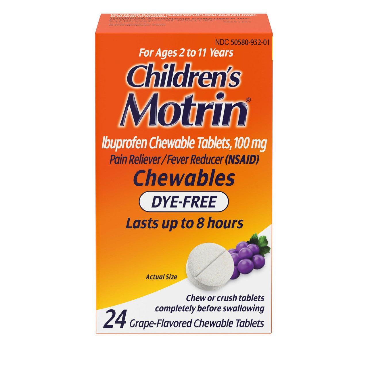 Childrens Motrin Dye Free Pain Reliever And Fever Reducer ChewableTablets, Grape Flavor, 24 Ea