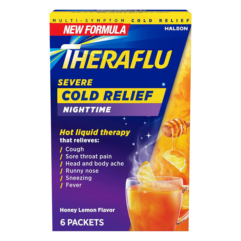 TheraFlu Nighttime Severe Cold Relief Honey Lemon Flavor Powder, 6 Ea