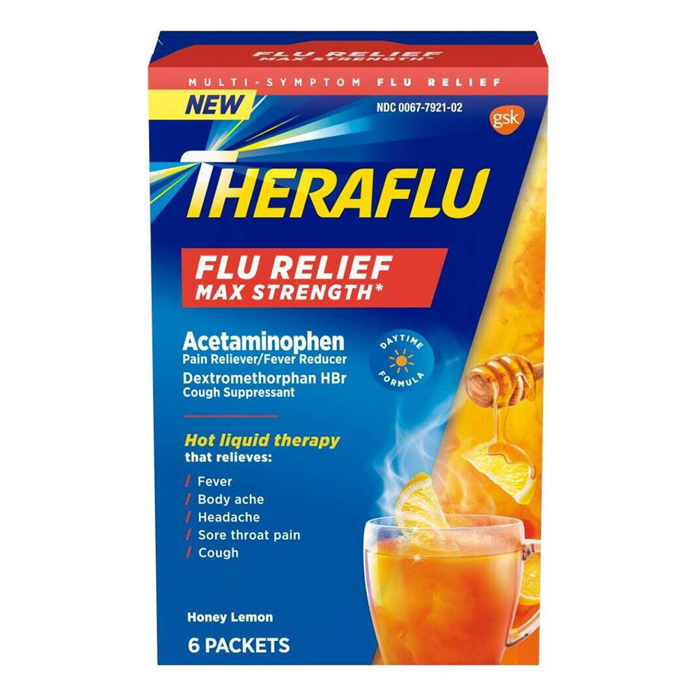 Theraflu Flu Relief Max Strength, Honey Lemon, 6 Ea