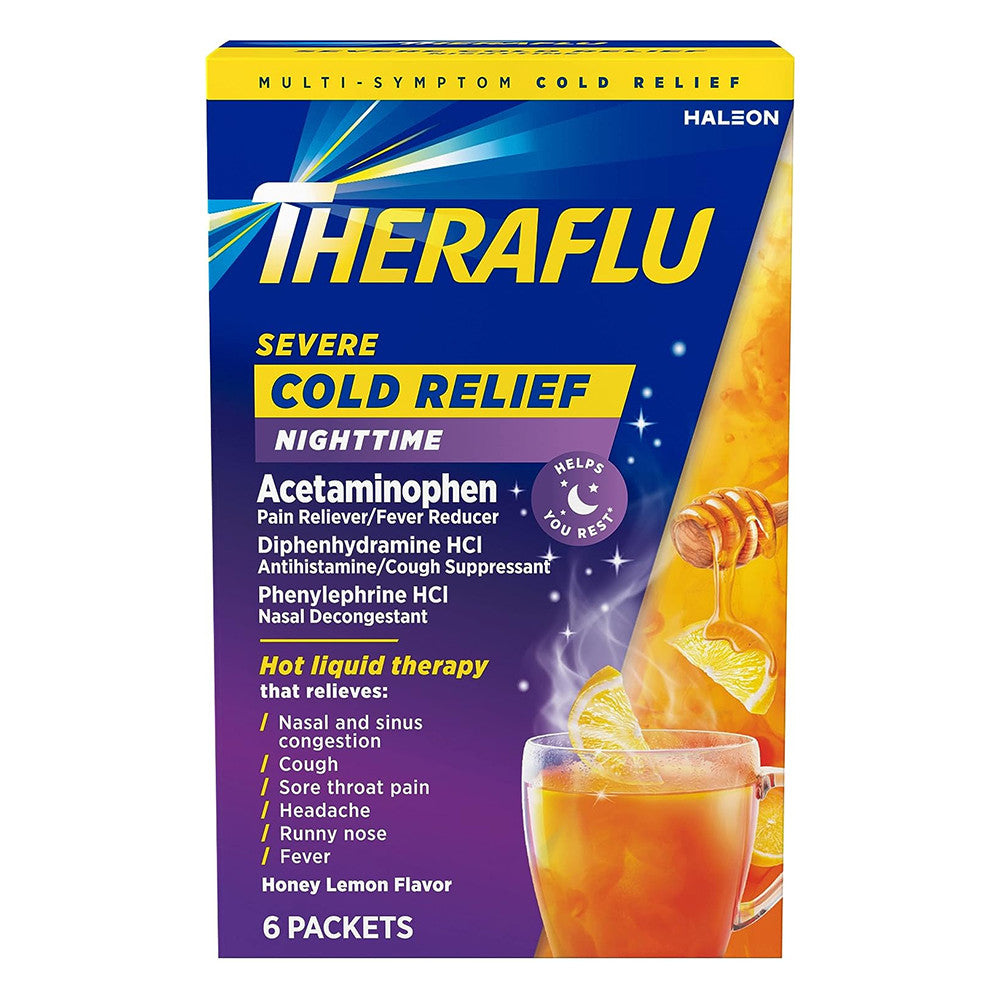 Theraflu Max Strength Nighttime Flu Relief, Honey Lemon, 6 Ea