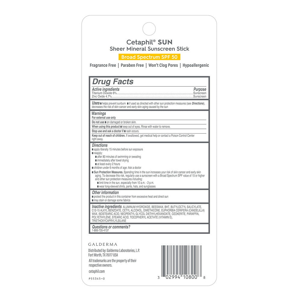 Cetaphil Sheer Mineral Sunscreen Stick SPF 50, 0.5 Oz