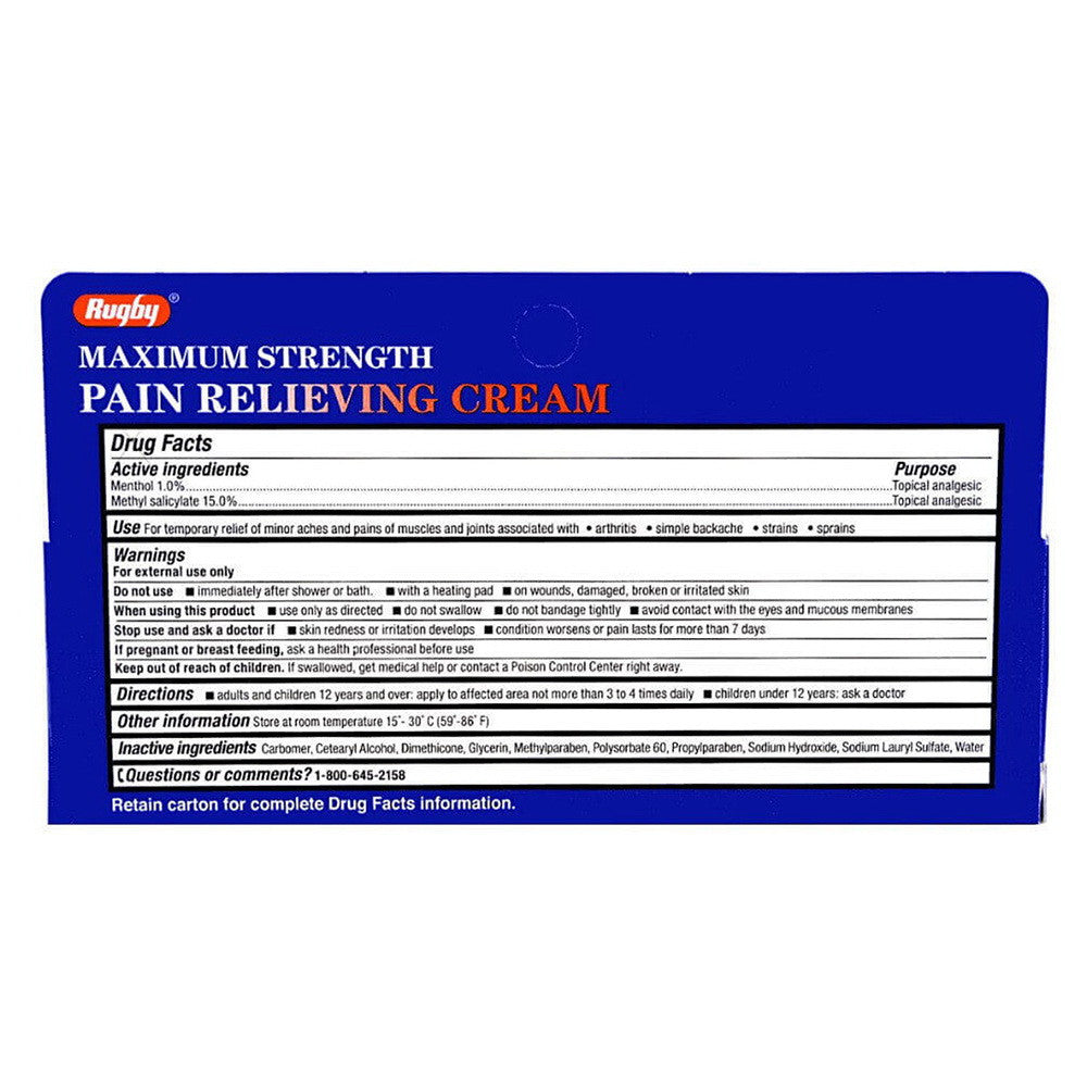 Rugby Maximum Strength Pain Relieving Cream, 3 Oz