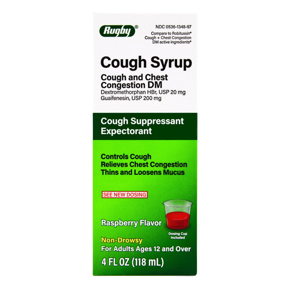 Rugby Cough Syrup With Dextromethorphan For Adults Chest Congestion Relief, Raspberry, 118 Ml