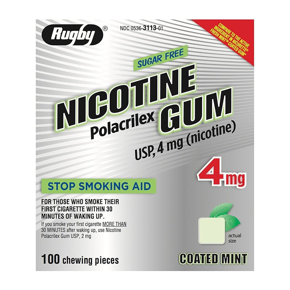 Rugby Nicotine Gum Usp 4 Mg Sugar Free Stop Smoking Aid, Coated Mint Chews, 100 Ea