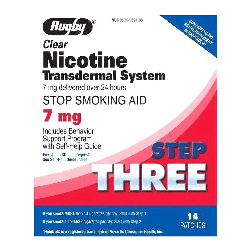 Rugby Step 3 Clear Nicotine Transdermal System 7 mg, Stop Smoking Aid Patches, 14 Ea