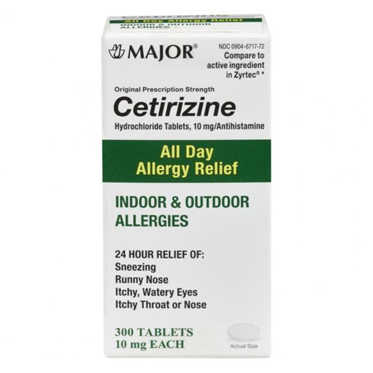 Major All Day Allergy Relief Cetirizine Hcl Tablets, 10 Mg, 300 Ea