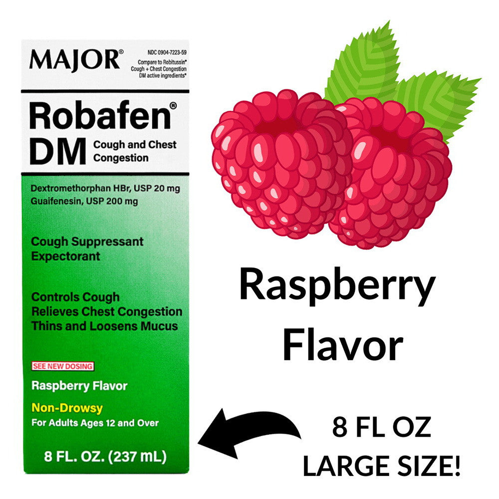 Major Robafen Dm Cough and Chest Congestion Syrup, Raspberry Flavor, 8 Oz