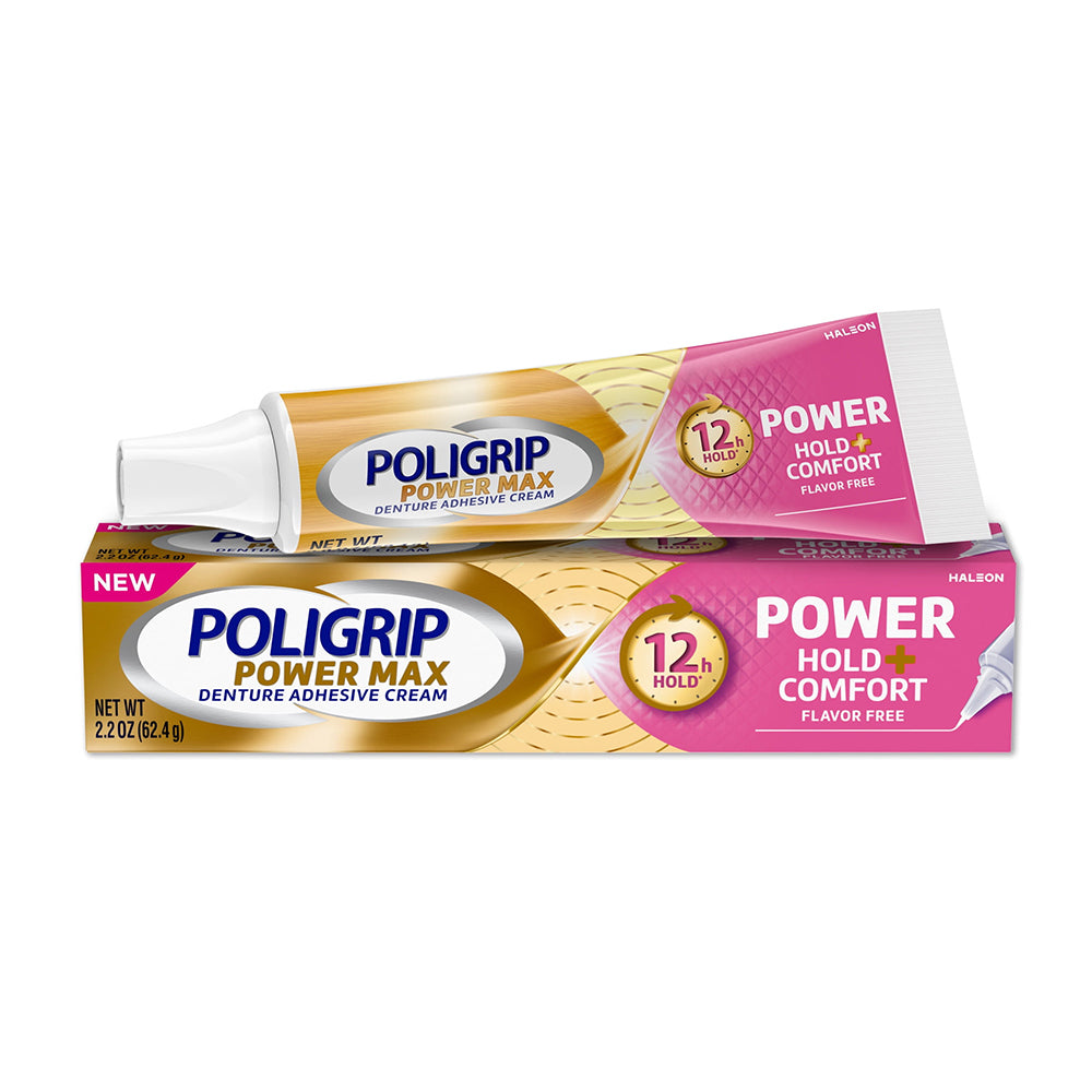 Poligrip Power Max Hold and Comfort Denture Adhesive Cream Flavor Free 2.2Oz (62.4g)