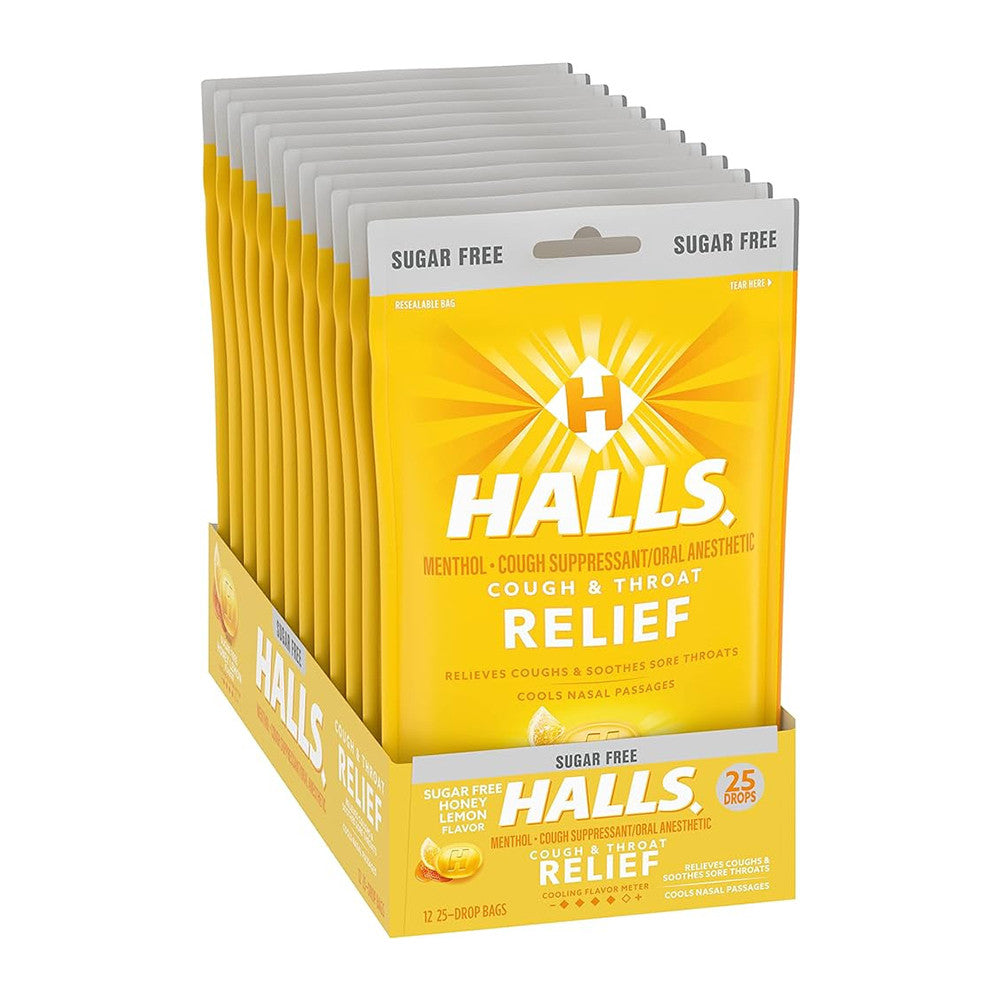 Halls Sugar Free Cough Drops With Honey-Lemon - 25 Drops/Bag, 12 Pack