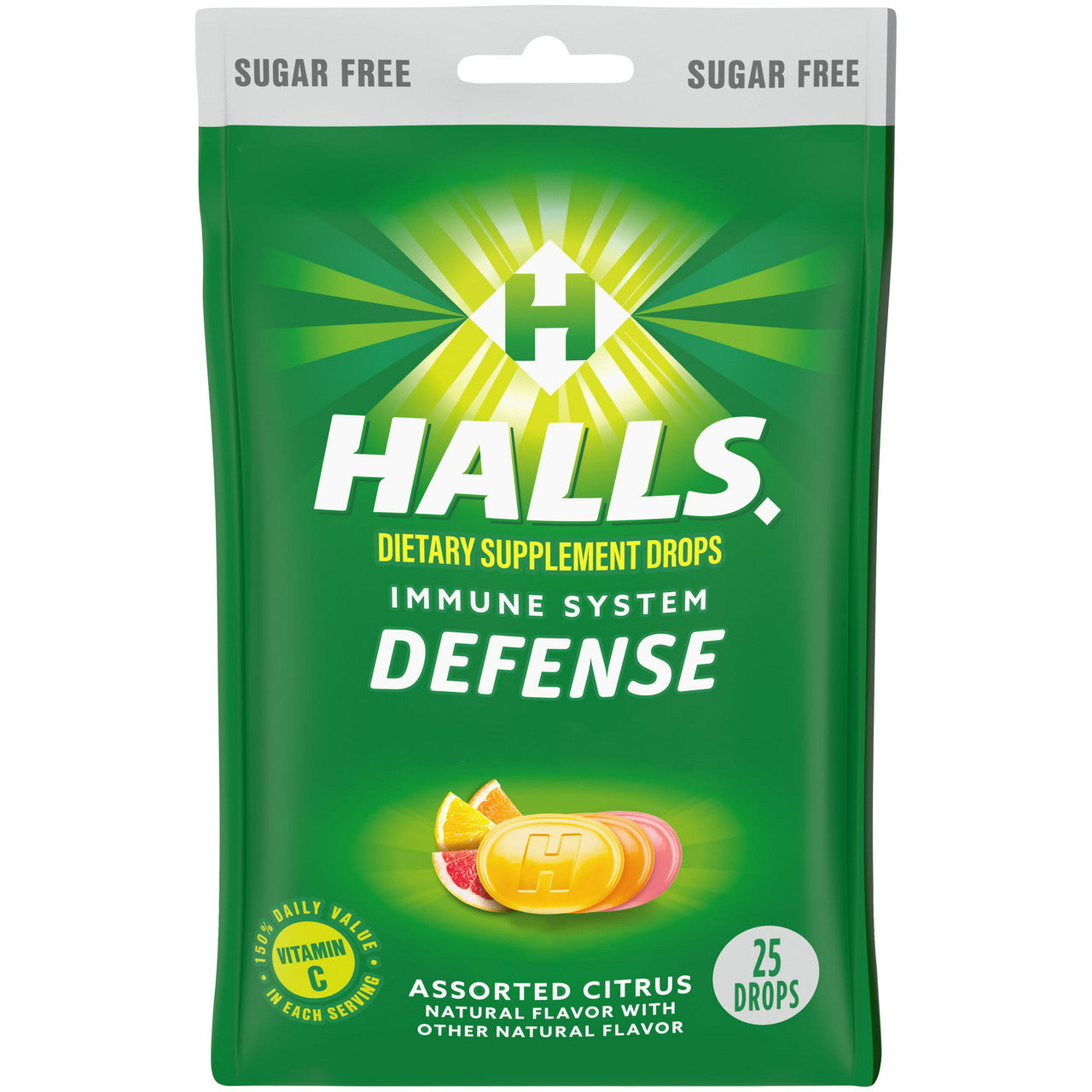 Halls Defense Sugar Free Vitamin C Supplement Drops, Assorted Citrus - 25 Ea/ 12 Pack