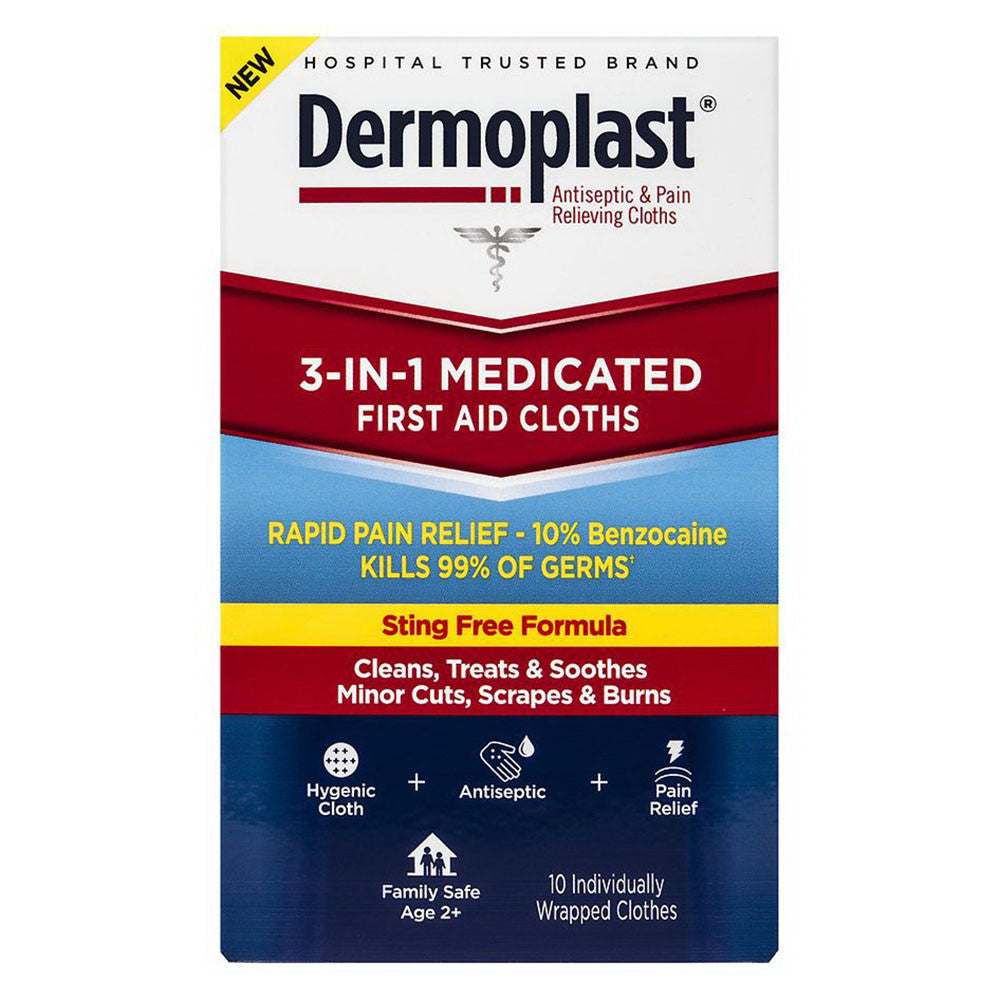 Dermoplast Wound Wipes 3 in 1 Medicated Cloths Relieves Pain, 10 Ea