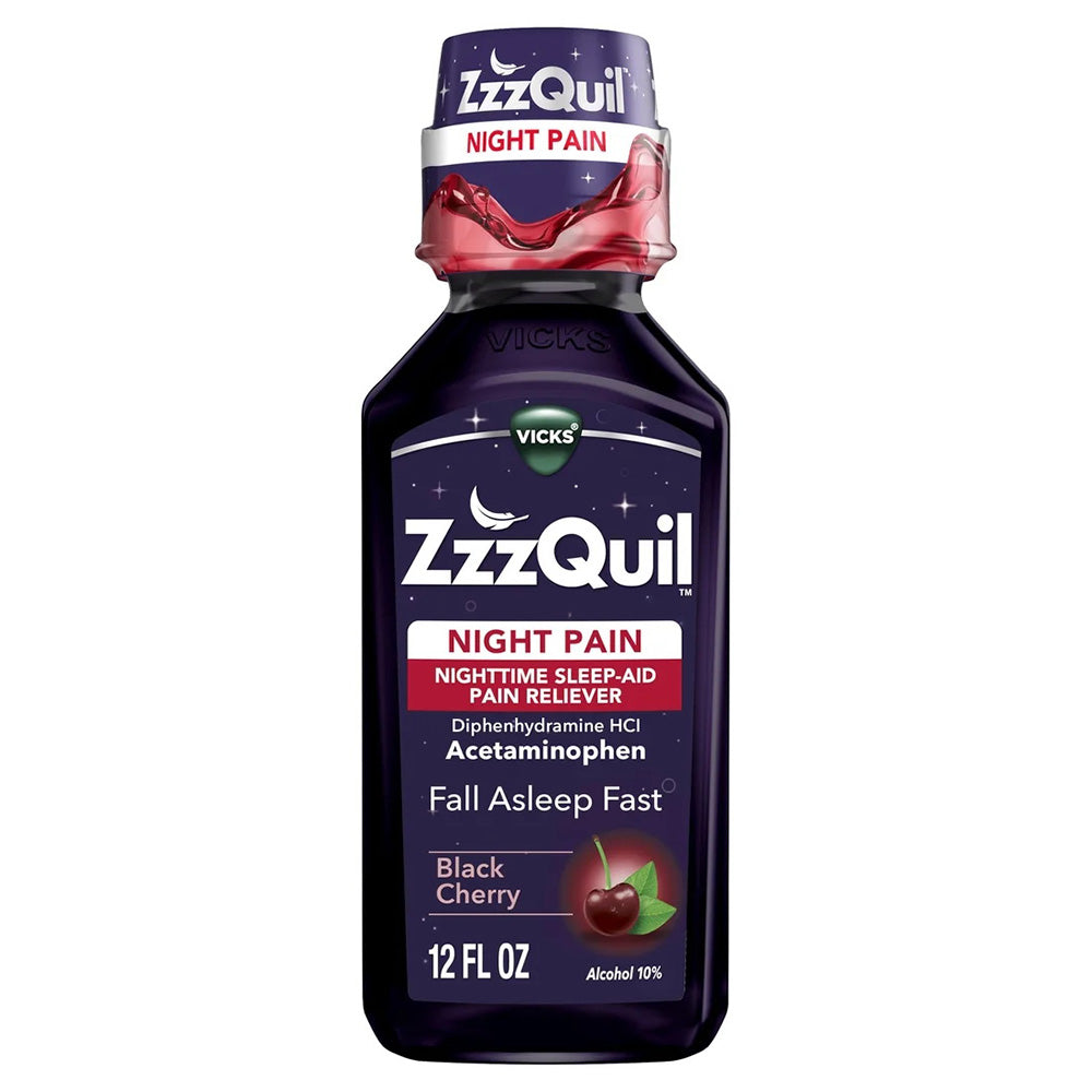 Vicks ZzzQuil Night Pain Fall Asleep Fast Cherry Flavor 12Oz