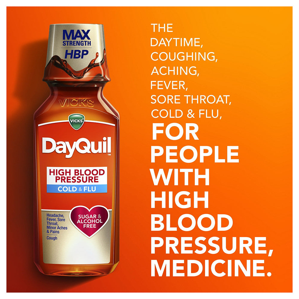 Vicks Dayquil High Blood Pressure Cold and Flu Relief Liquid Medicine, 8 Oz