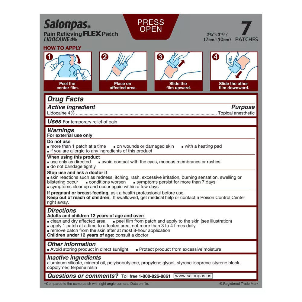 Salonpas Lidocaine 4% Pain Relieving Flex Patch, 7 Ea