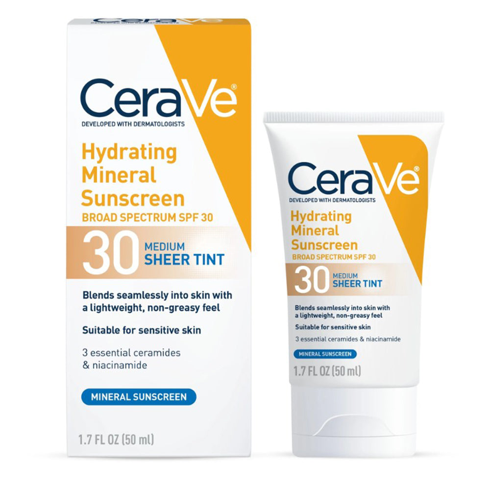 CeraVe Tinted Face Sheer Tint Hydrating Mineral Sunscreen with Zinc Oxide, 1.7 Oz