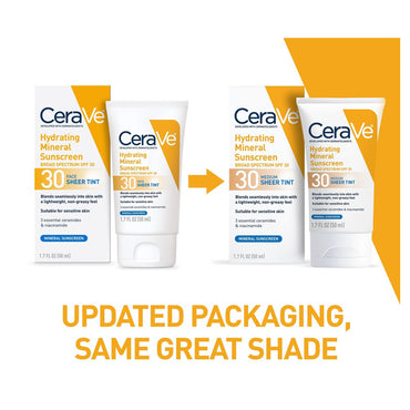 CeraVe Tinted Face Sheer Tint Hydrating Mineral Sunscreen with Zinc Oxide, 1.7 Oz