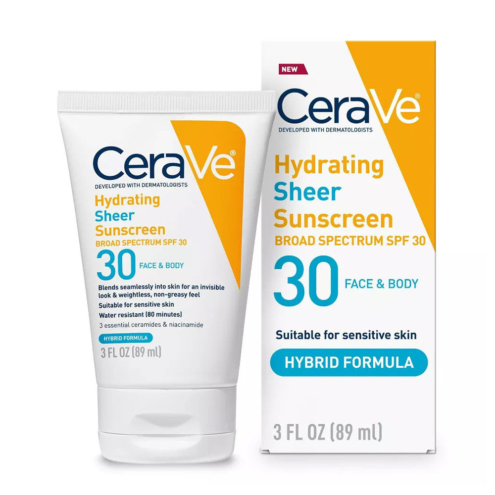 CeraVe Hydrating Sheer Sunscreen Lotion for Face and Body SPF 30, 3 Oz