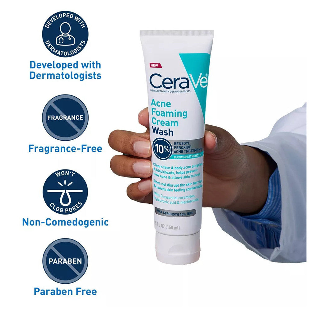 CeraVe Acne Foaming Cream Wash with 10% Benzoyl Peroxide for Face and Body Fragrance Free, 5.0 Oz