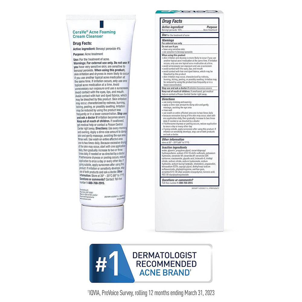 CeraVe Acne Foaming Cream Wash with 10% Benzoyl Peroxide for Face and Body Fragrance Free, 5.0 Oz