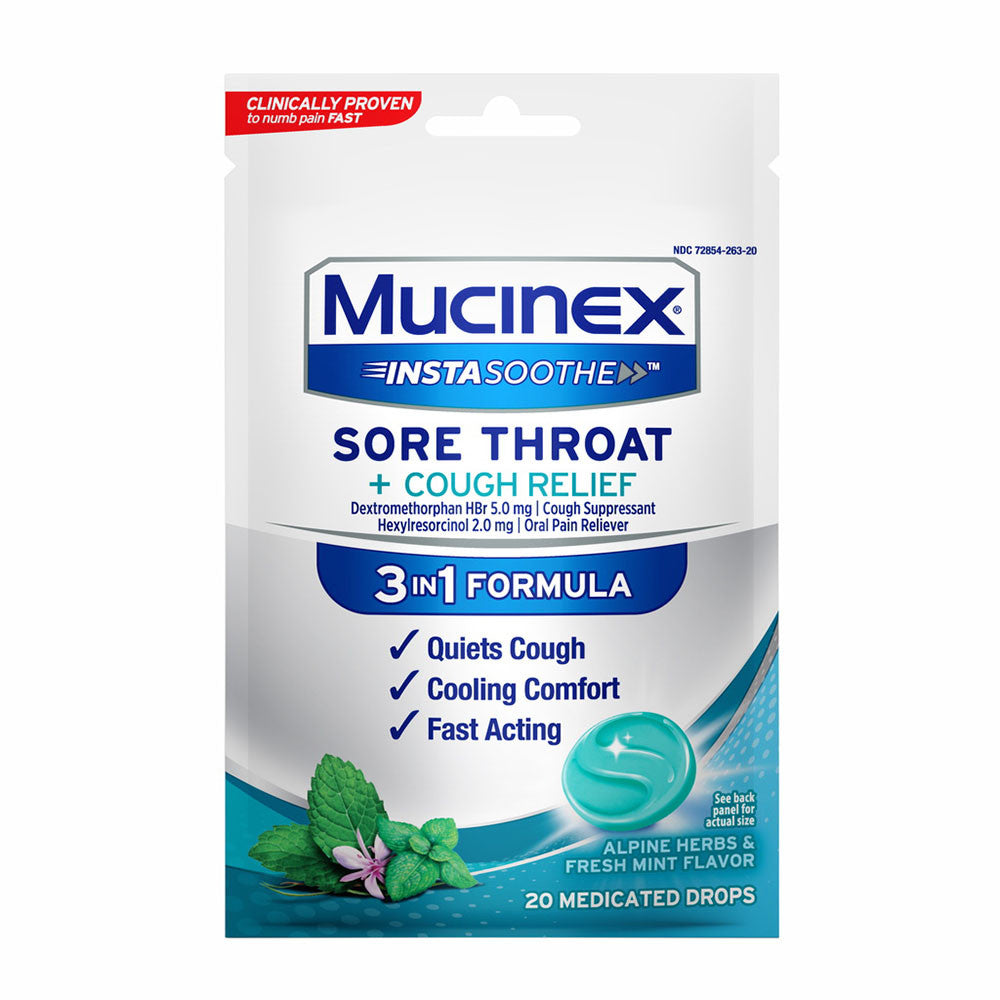 Mucinex Insta Soothe Sore Throat And Cough Drops, Alpine Herb And Fresh Mint, 20 Ea