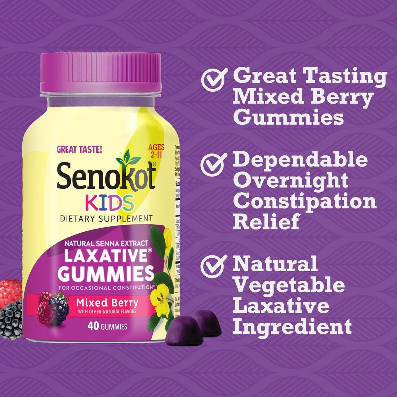 Senokot Kids Dietary Supplement Laxative Gummies, Mixed Berry Flavor, 40 Ea