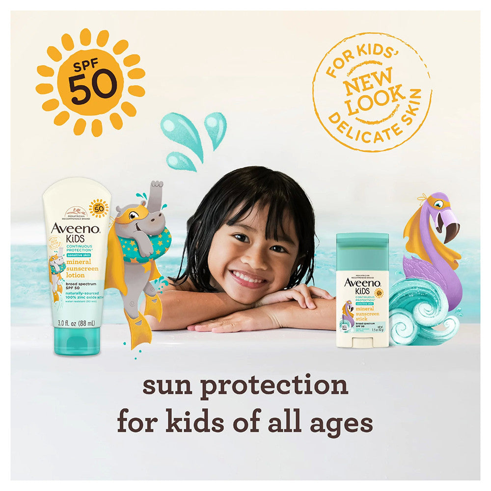 Aveeno Kids Zinc Oxide Mineral Sunscreen Stick, SPF 50, 1.5 Oz