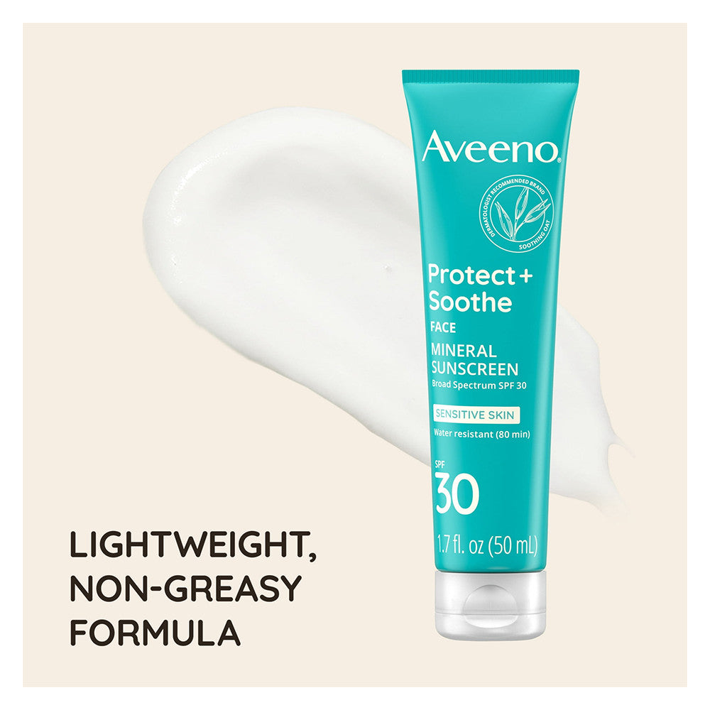 Aveeno Protect Soothe Face Mineral Sunscreen Broad Spectrum SPF 30, for Sensitive Skin, 1.7 Oz